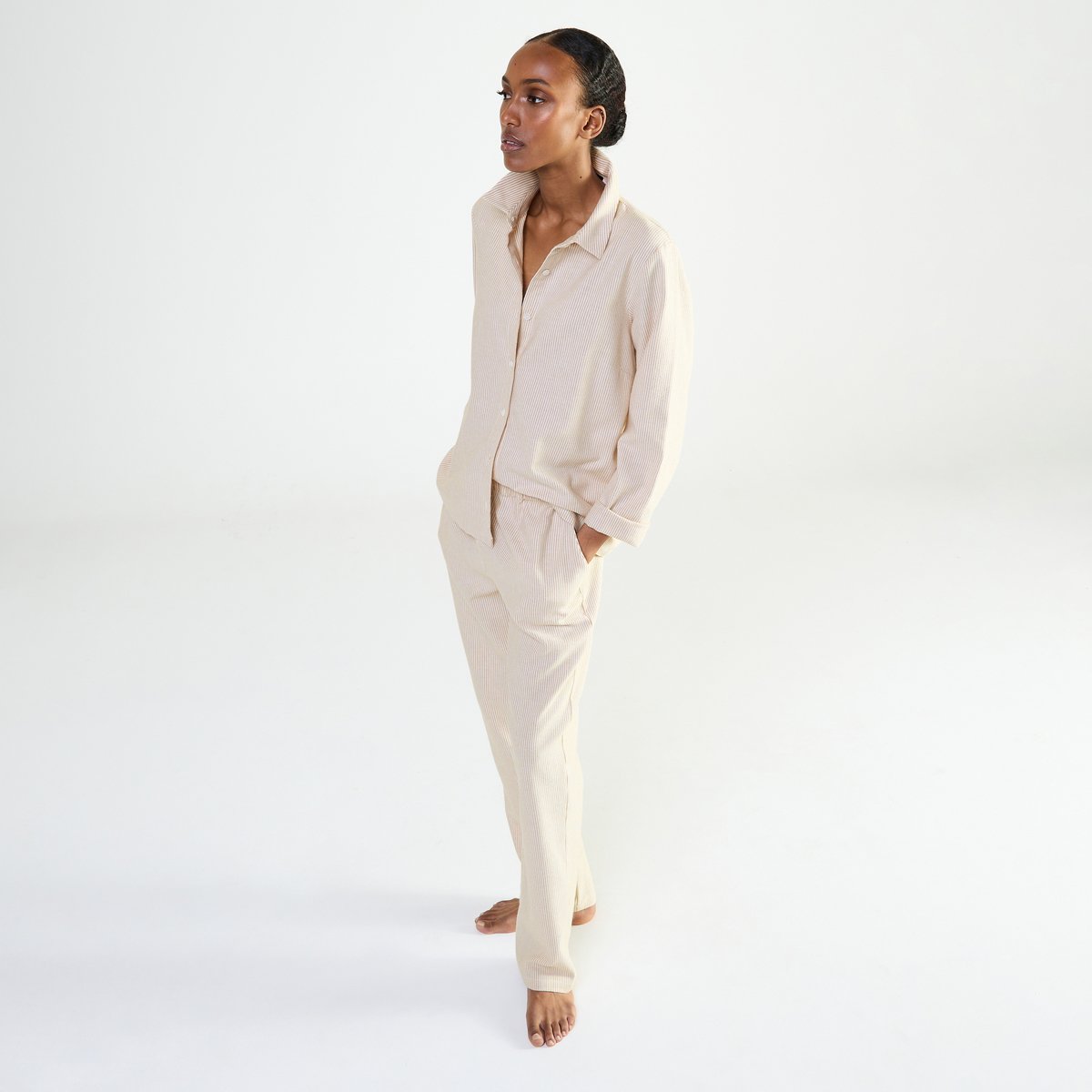 Pyjama col classique en flanelle de coton FLANELLE RAYÉE beige, LAURENCE TAVERNIER
