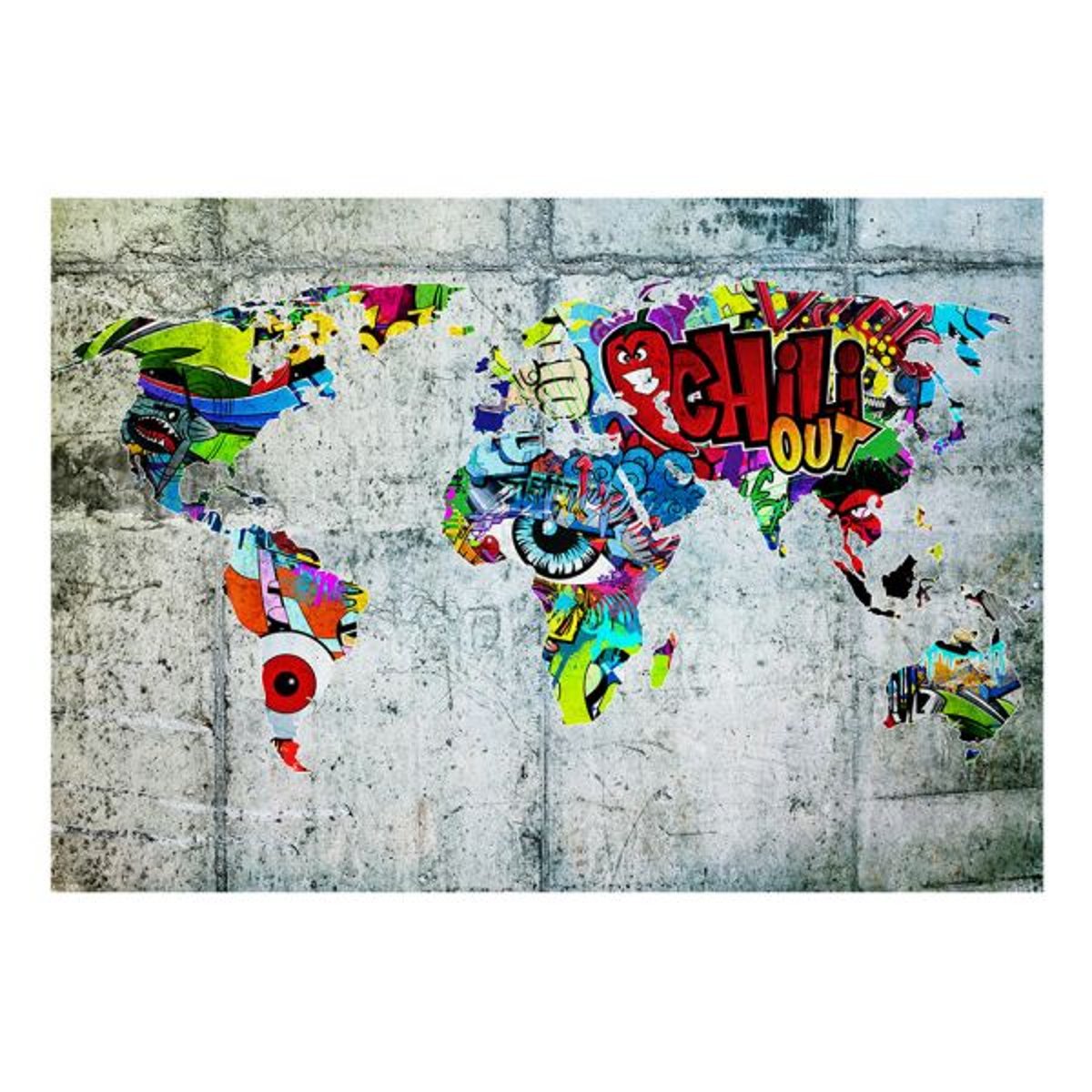 Papier peint intissé panoramique Carte du monde Map - Graffiti gris / argent, EDEN