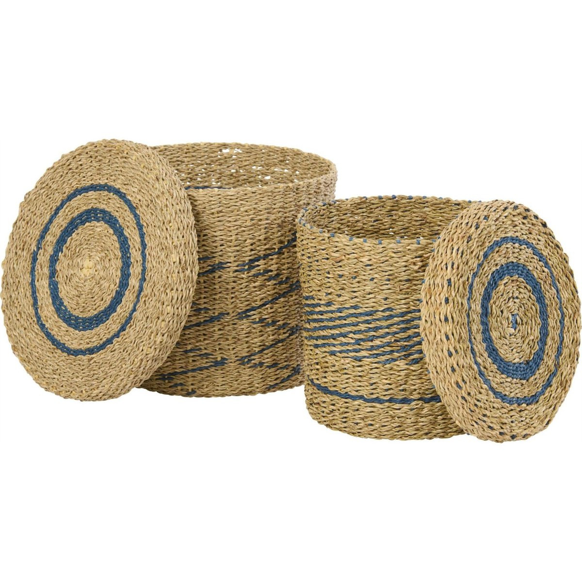 Lot de 2 paniers ronds avec couvercle naturel et bleu, RECOLLECTION