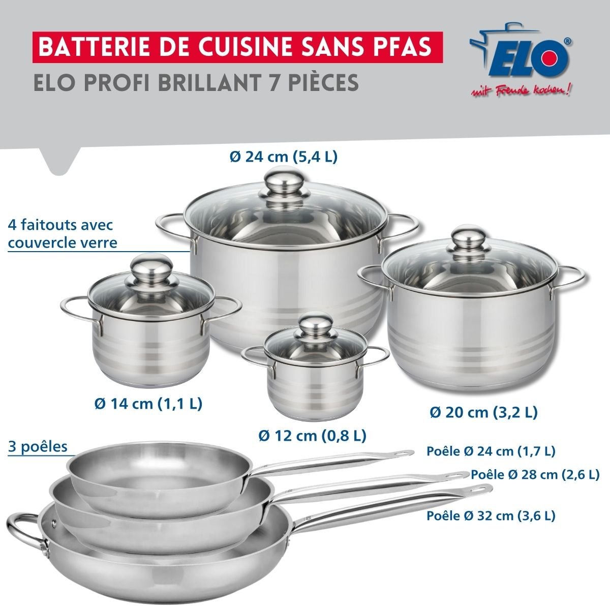 3 poêles 24/28/32cm + 4 faitouts 12/14/20/24cm PROFI BRILLANT gris, ELO