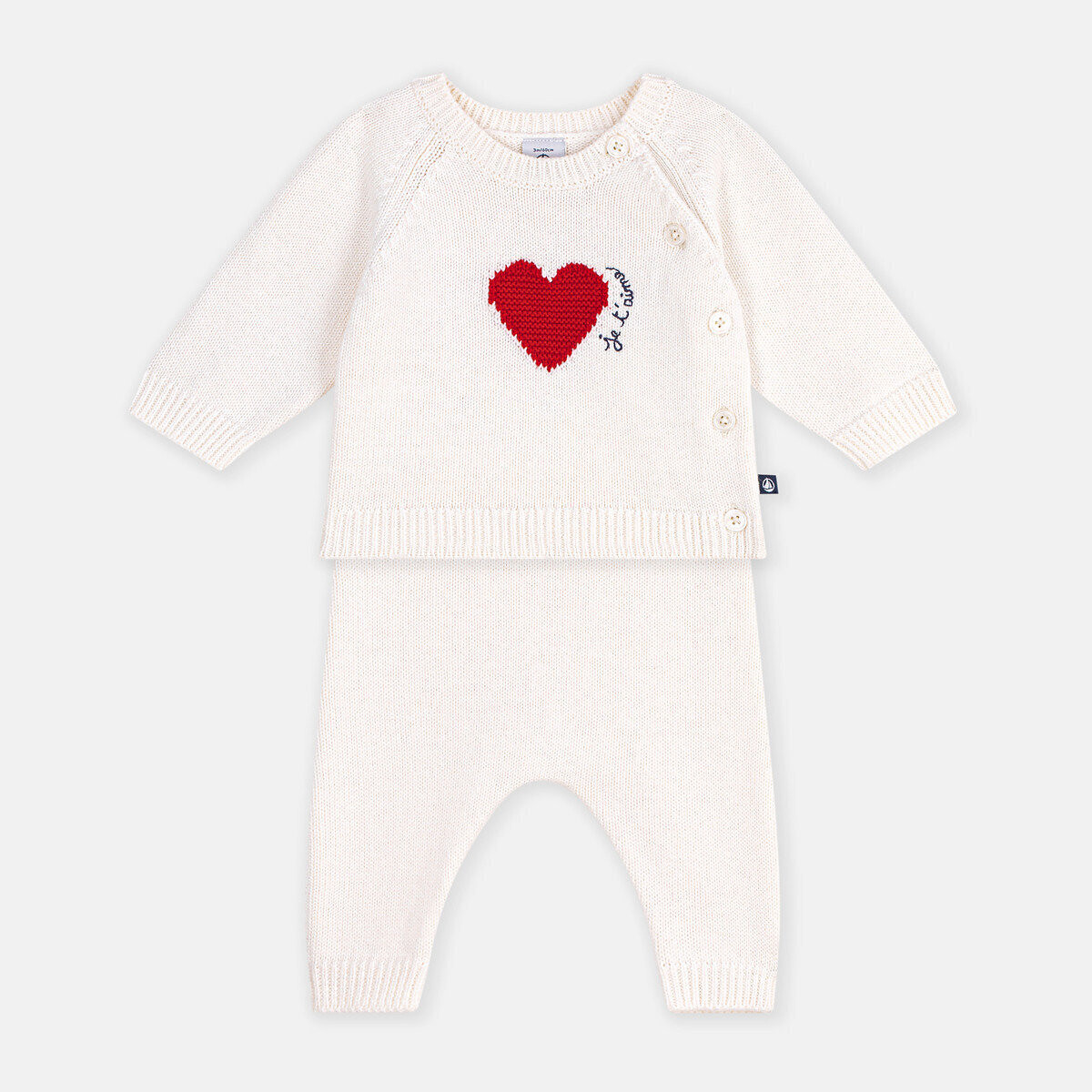 Completo in maglia jacquard, motivo a cuori ecru , PETIT BATEAU