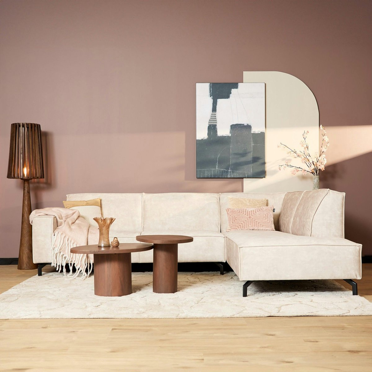 Canapé d'angle avec méridienne, tissu à surpiqures RIVOLI beige (côté droit), PIER IMPORT