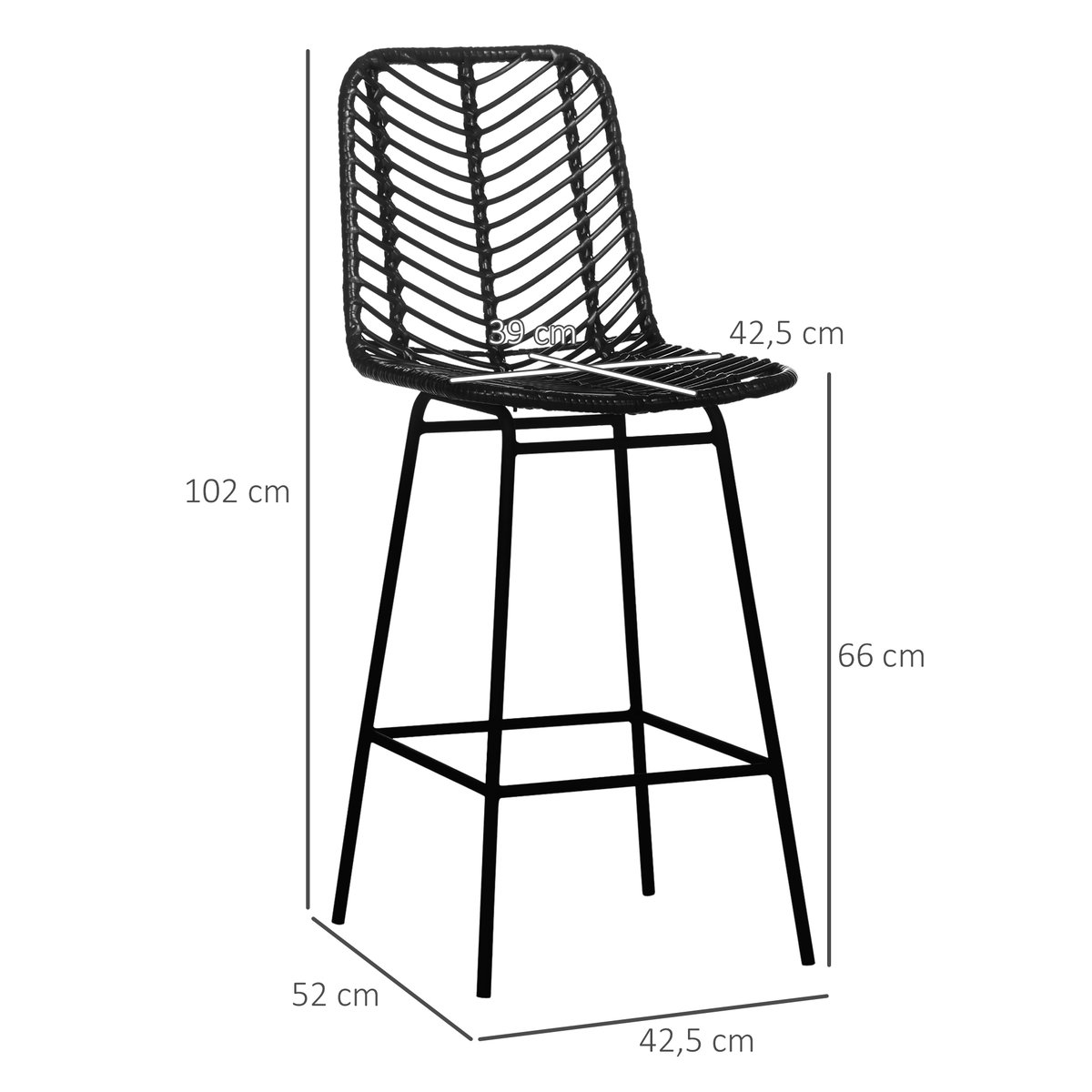 Tabouret de bar Résine tressée rotin PE Noir noir, HOMCOM