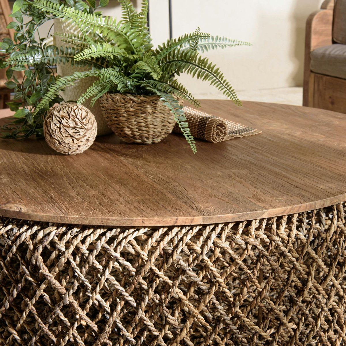 Table basse ronde 98 cm fibre tressée et bois SWING bois naturel, PIER IMPORT