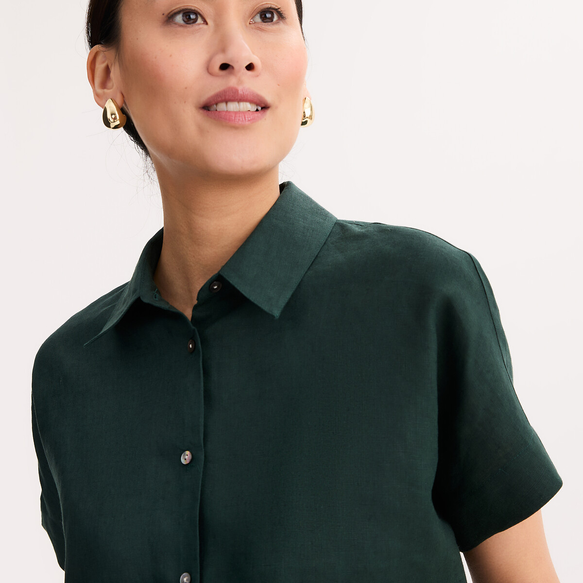 Camicia in lino a maniche corte verde scuro, ANNE WEYBURN