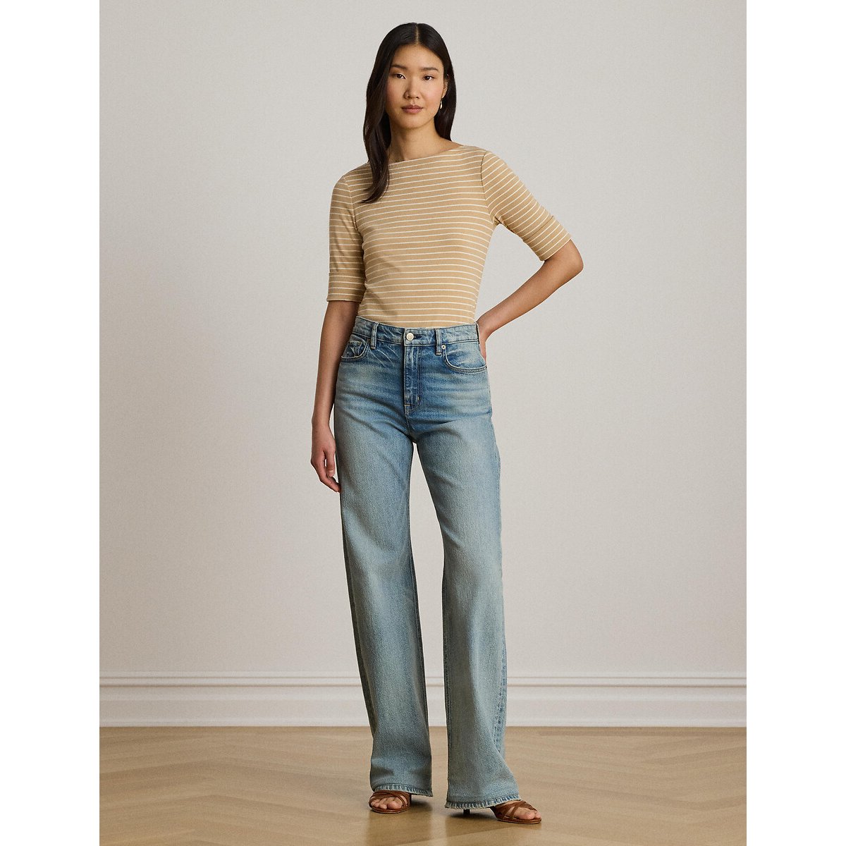 T-shirt manches courtes col bateau à rayures  beige, LAUREN RALPH LAUREN
