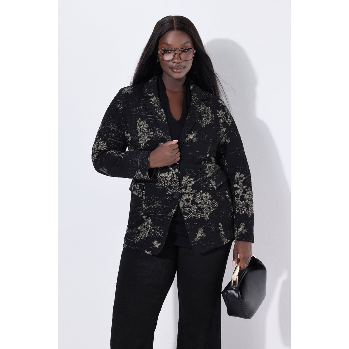 Blazer jacquard à manches longues et col noir, ULLA POPKEN