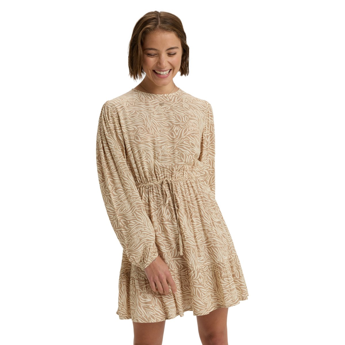 Mini robe imprimée à col rond et à manches longues PARADISE BREEZE. beige parchment animal floral, ROXY