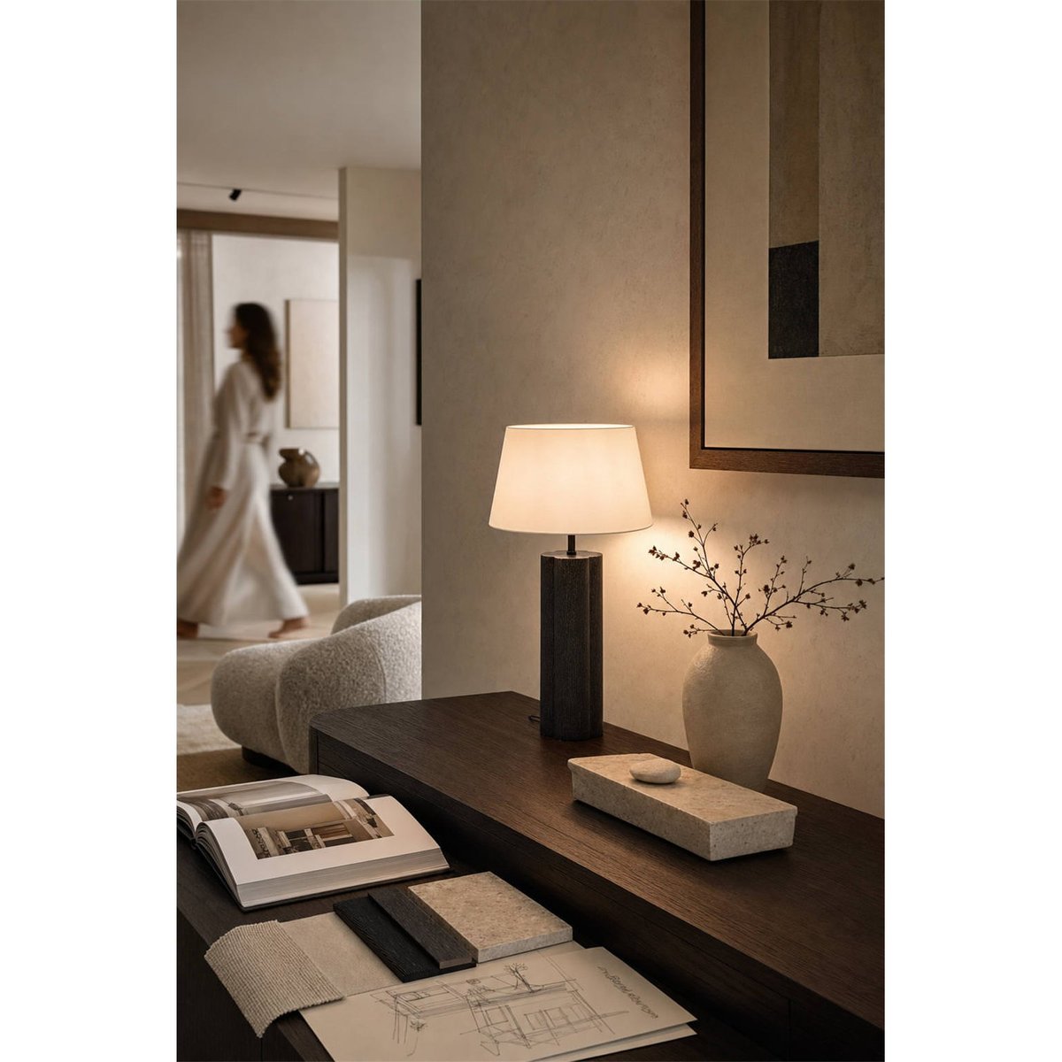 Lampe à poser en métal au pied texturé noir et blanc, RECOLLECTION