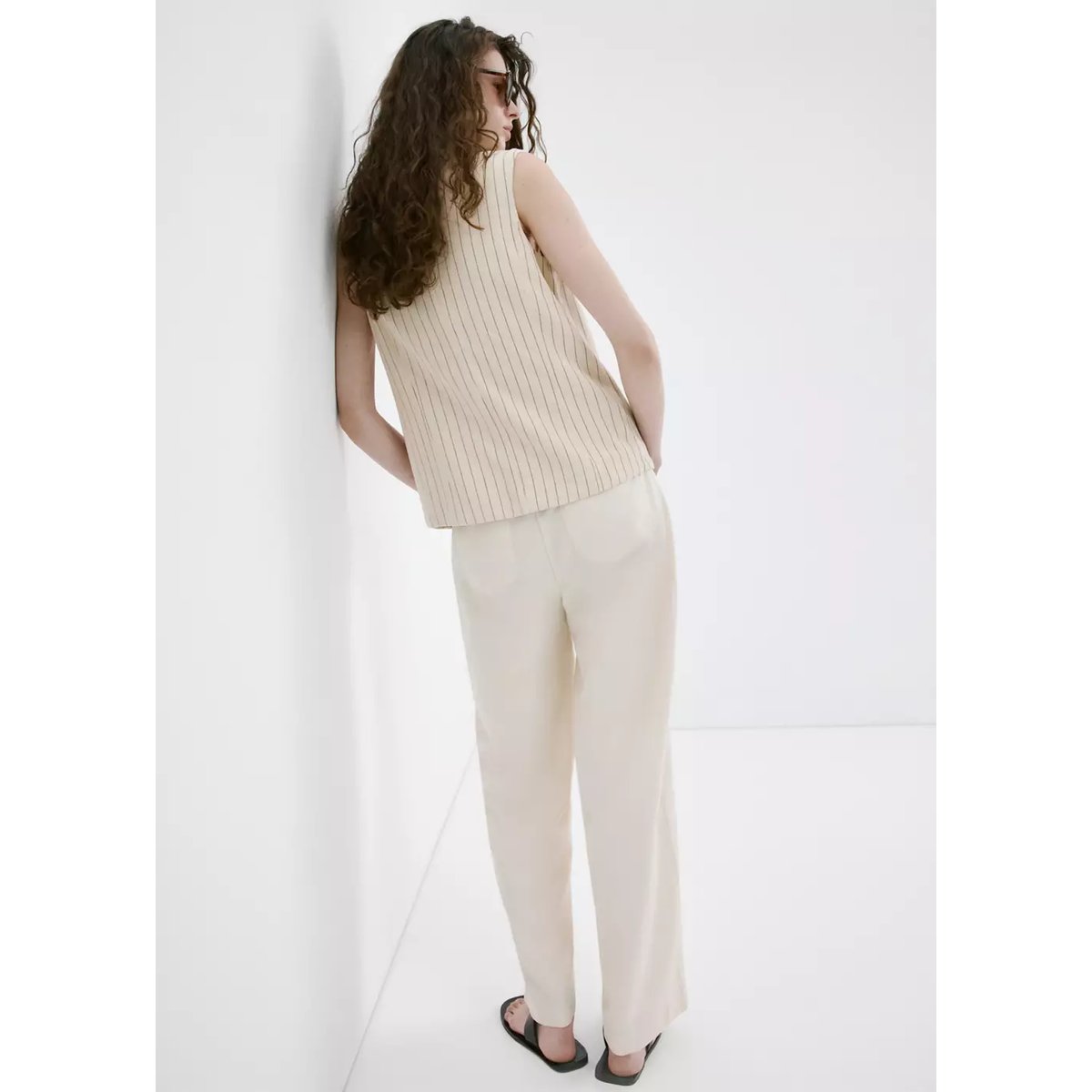 Pantalon en lin taille haute beige, MANGO