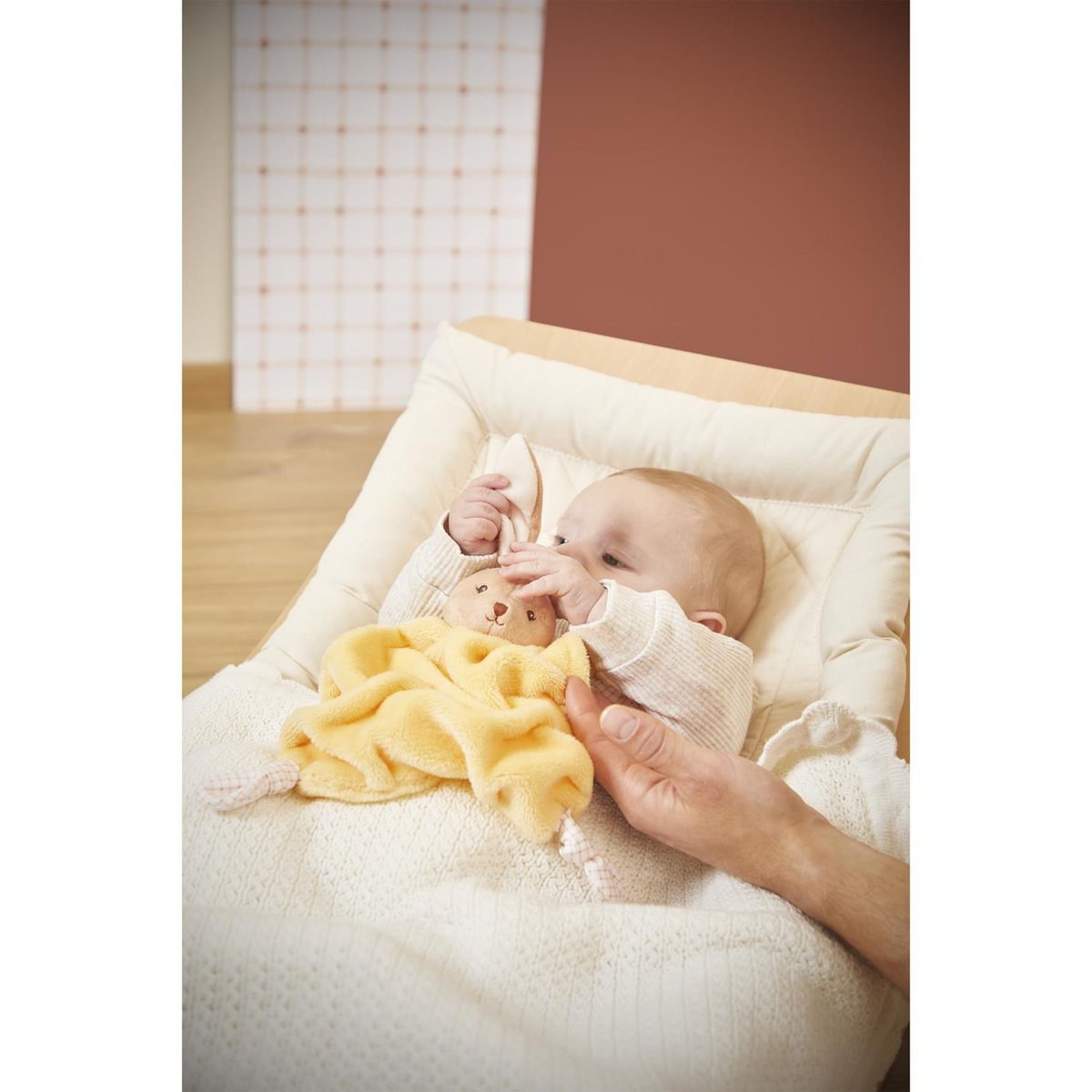 Doudou plat plume lapin 24 cm jaune, KALOO