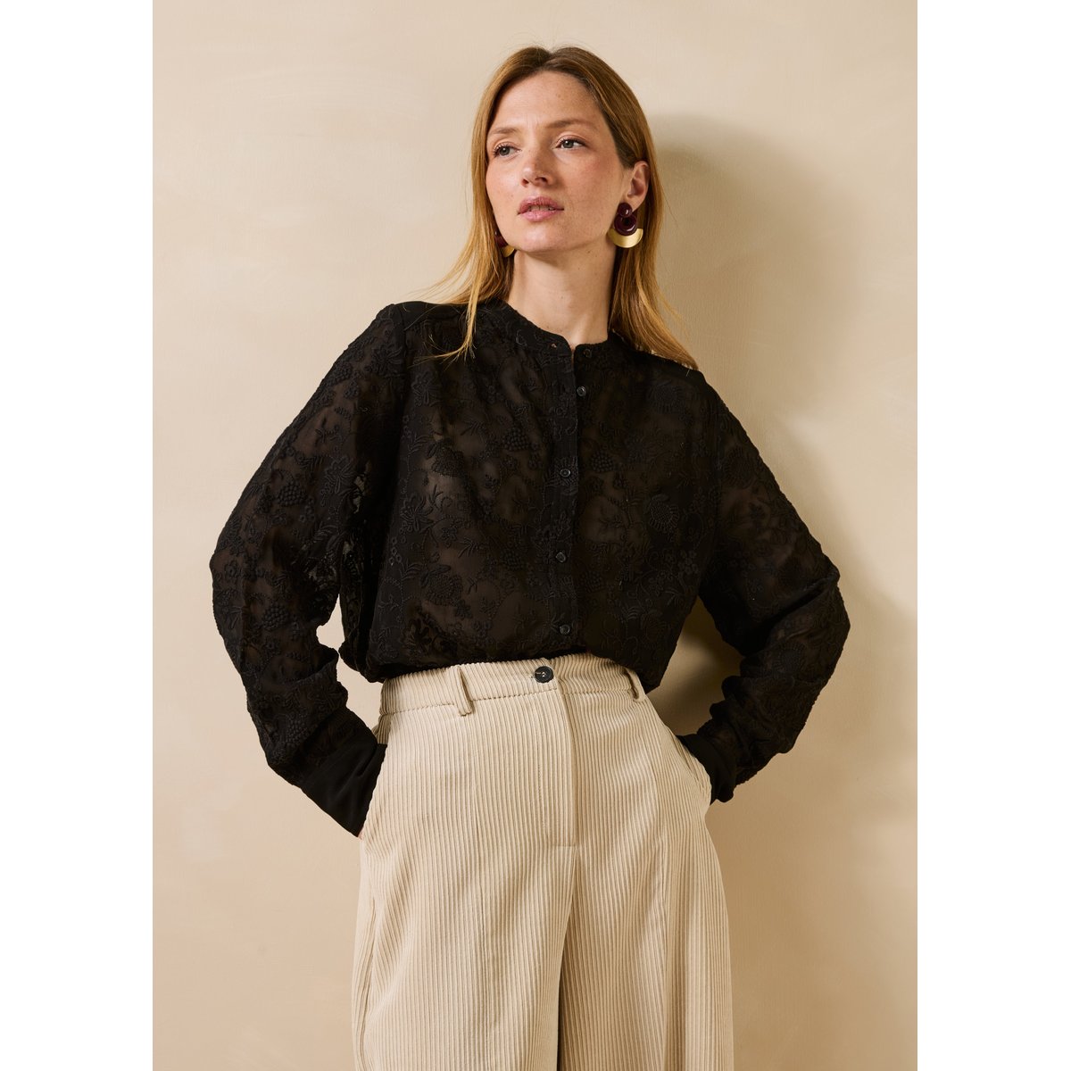 Chemise brodée manches longues noir, LA FEE MARABOUTEE