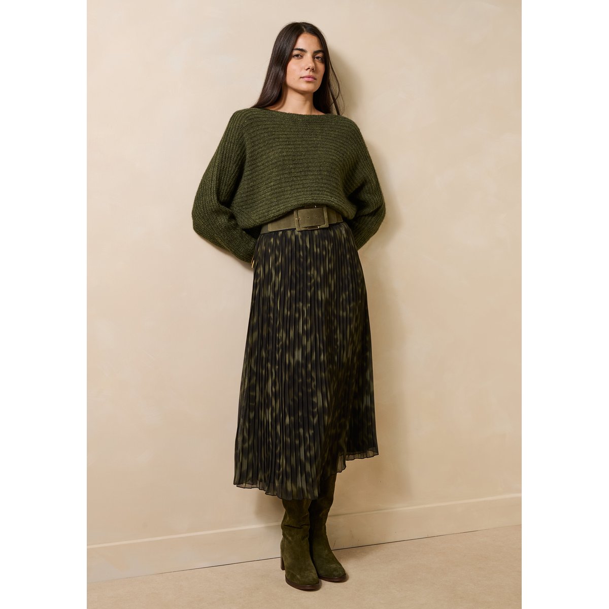 Pull ample manches longues encolure bateau kaki, LA FEE MARABOUTEE