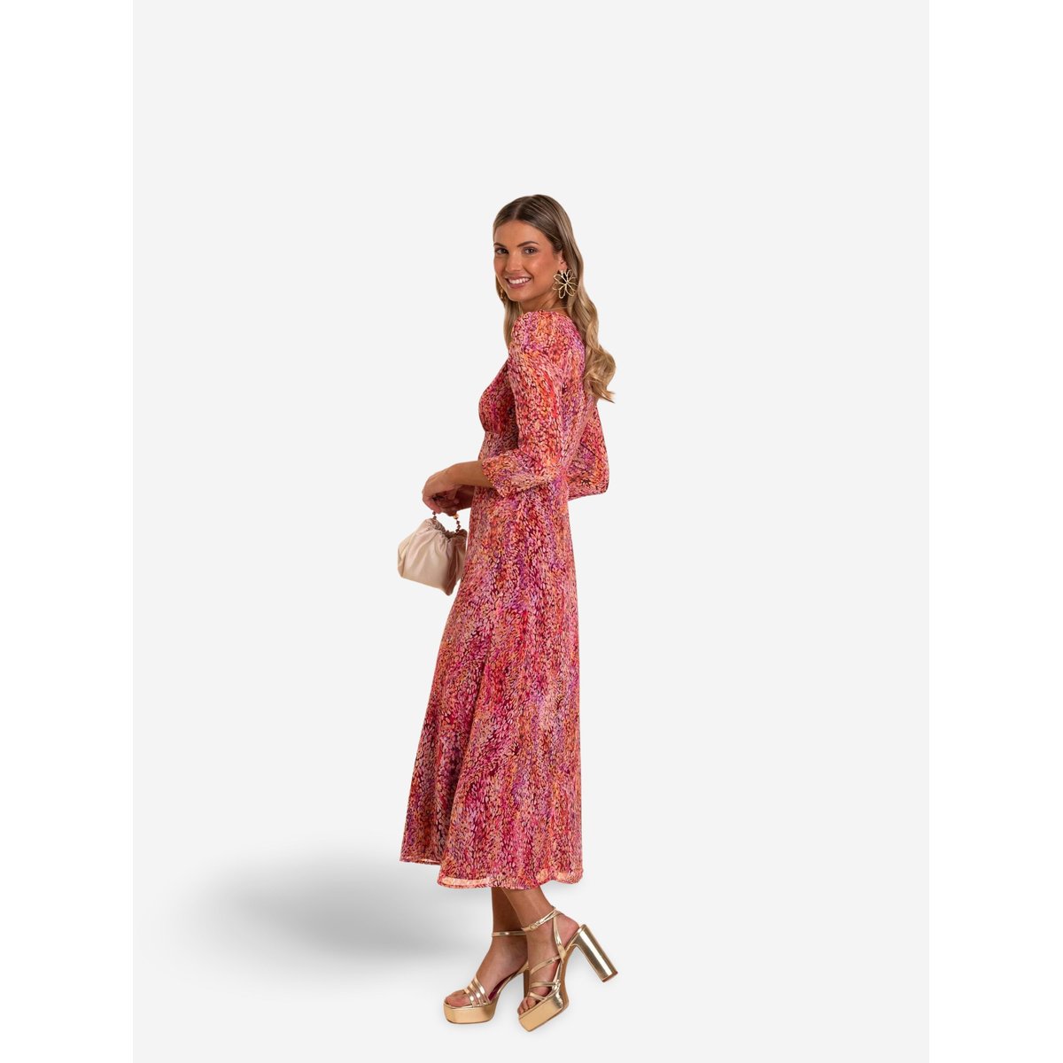 Robe midi imprimée à manches longues multicolore, THE-ARE