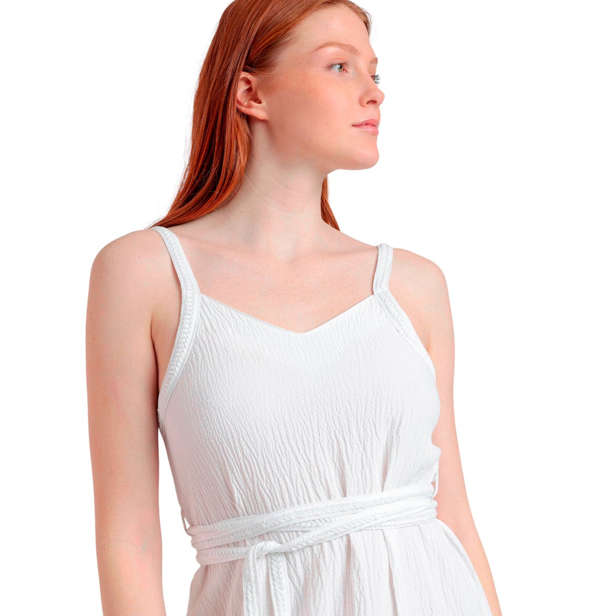 Robe estivale mi-longue fines bretelles Linen Style blanc, ADMAS