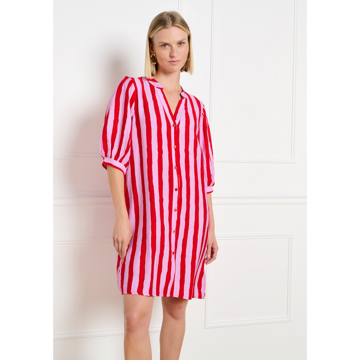 Robe tunique rayée manches volume purple blush, LOLALIZA