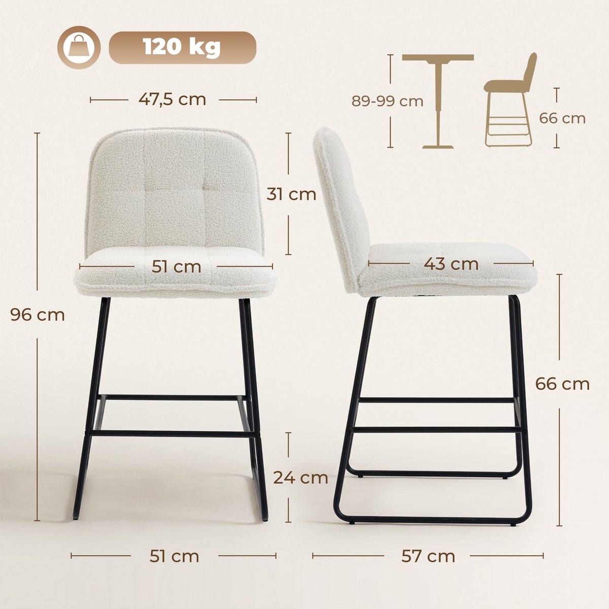 Tabouret de bar Tissu bouclette (100% crème, HOMCOM