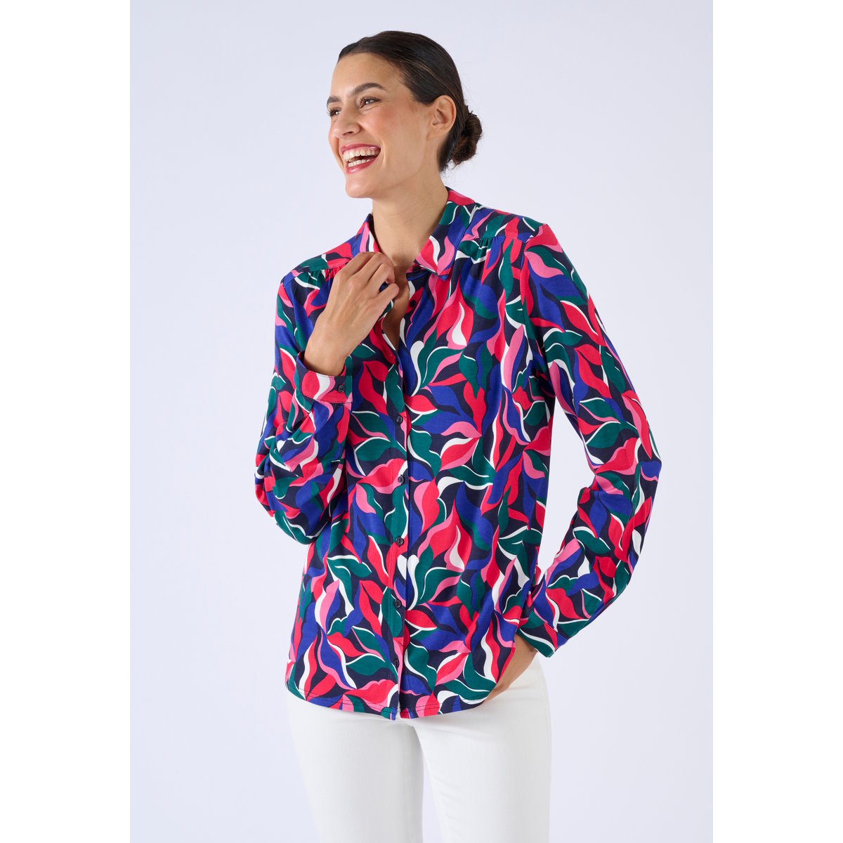 Chemisier maille fluide viscose stretch bleu feuillage, DAMART