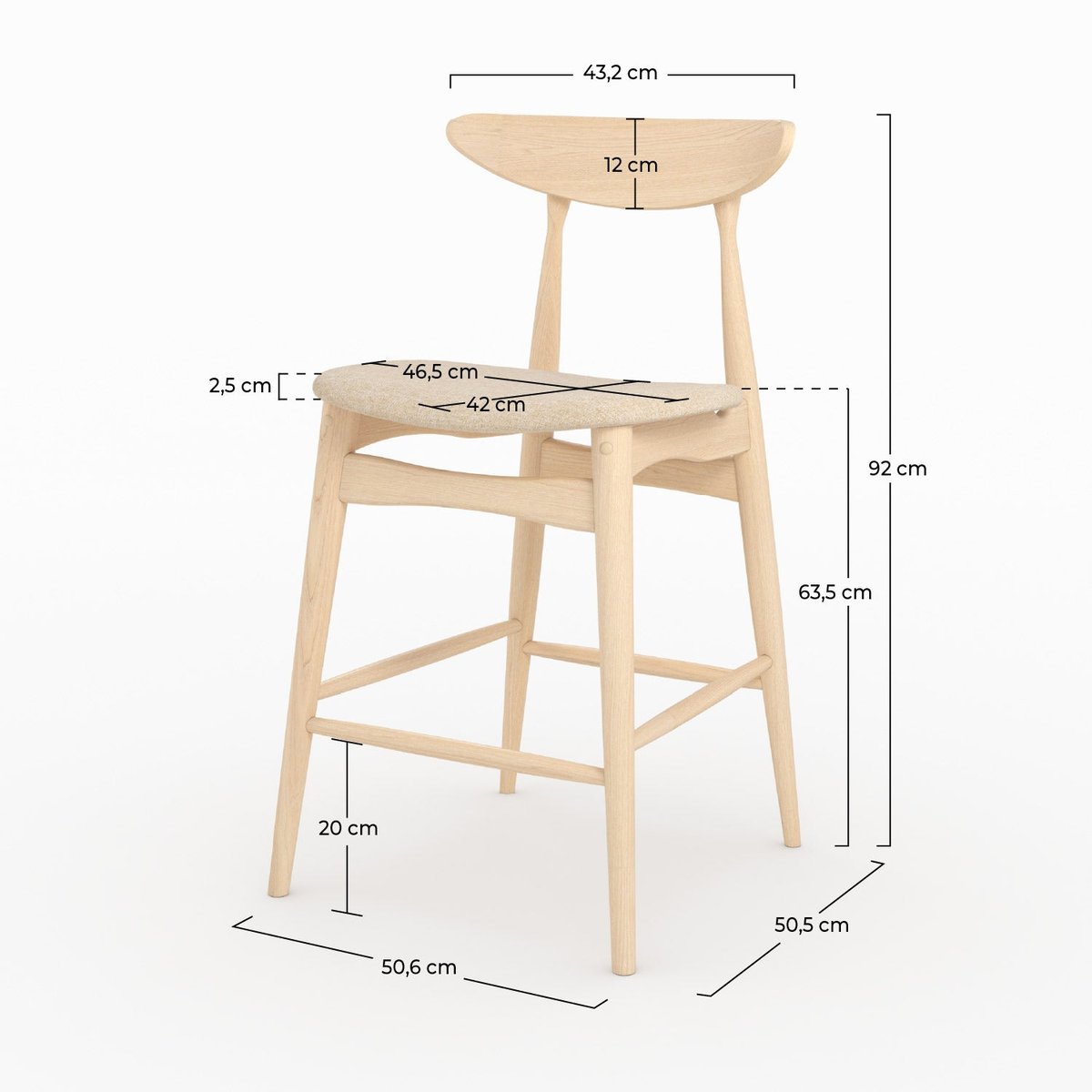 Lot de 2 chaises pour ilot central 63,5 cm en tissu et bois d'hévéa - JOSETTE beige, MAISON PAVANE