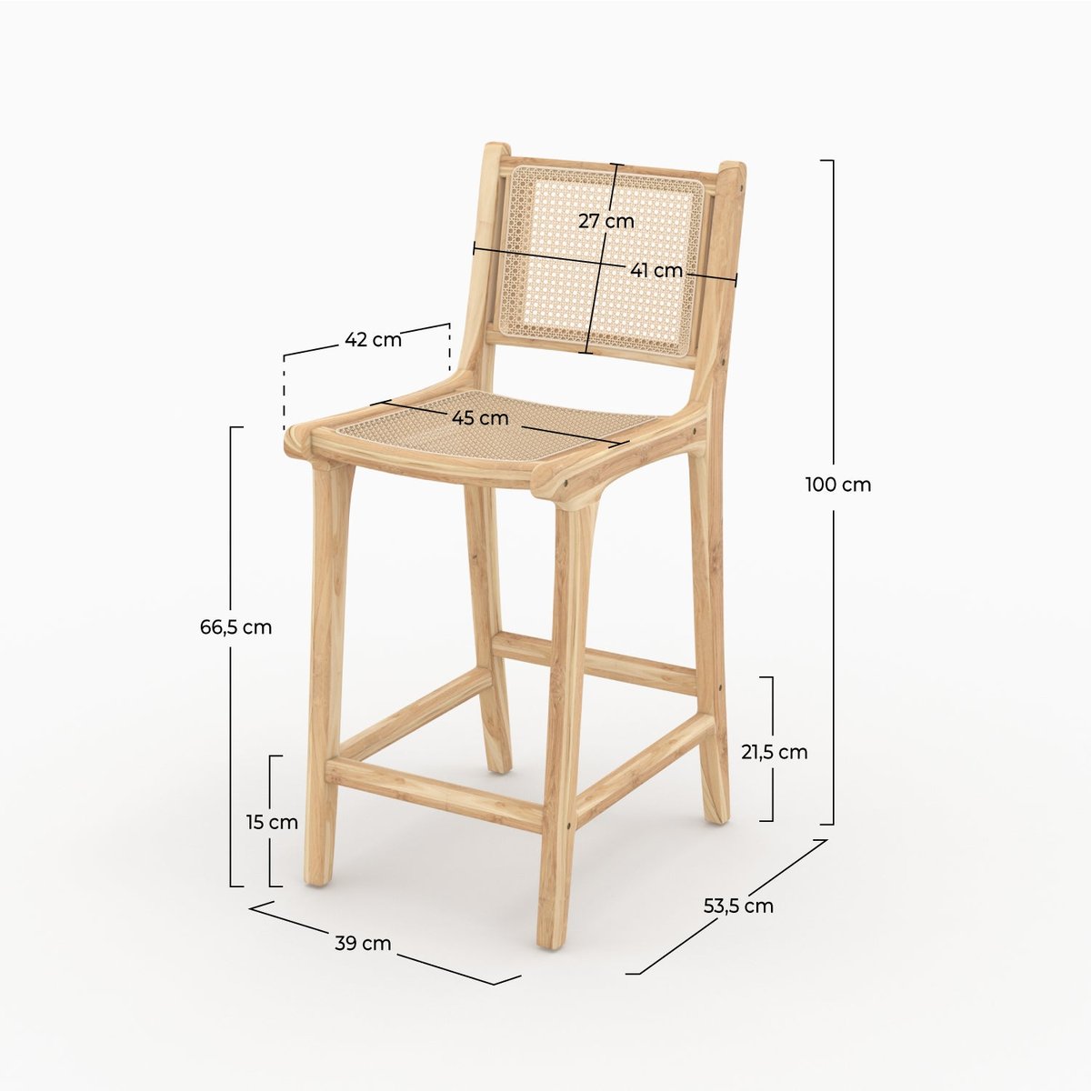 Lot de 2 chaises pour îlot central en teck et cannage rotin 66,5 cm - KYLA naturelle, MAISON PAVANE