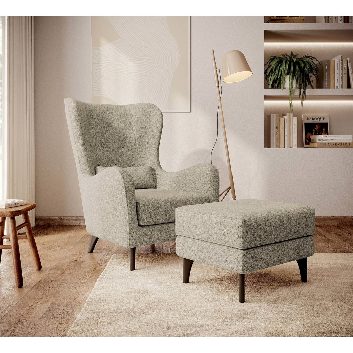 Fauteuil bergère capitonné en velours bleu marine, RECOLLECTION