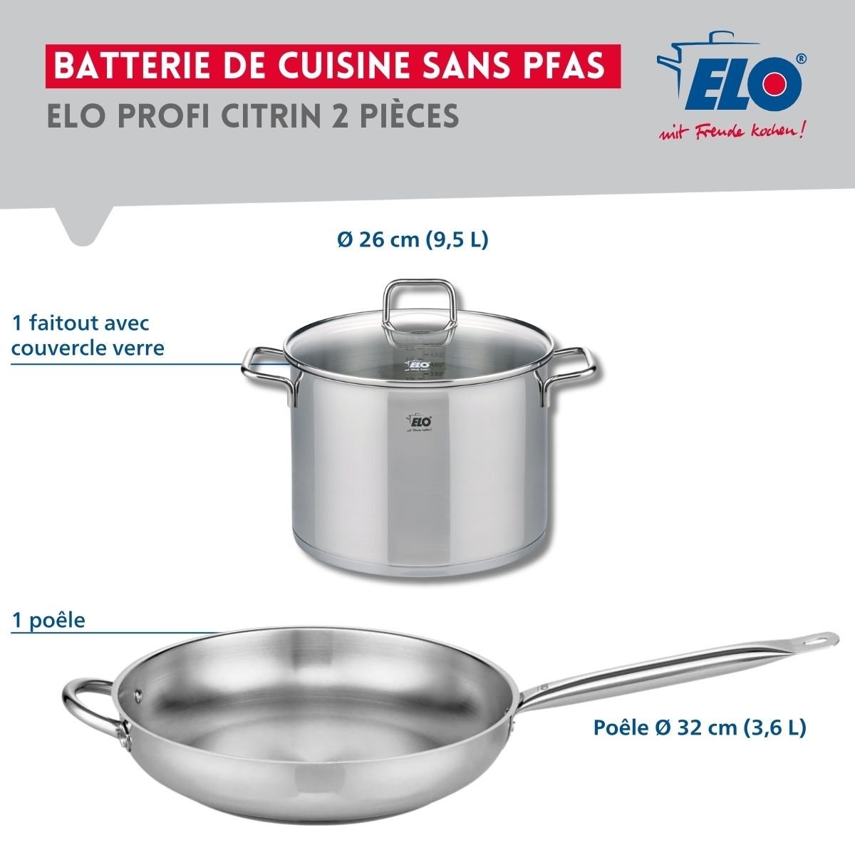 Batterie de cuisine 1 poêle 32cm + 1 faitout 26cm PROFI CITRIN gris, ELO