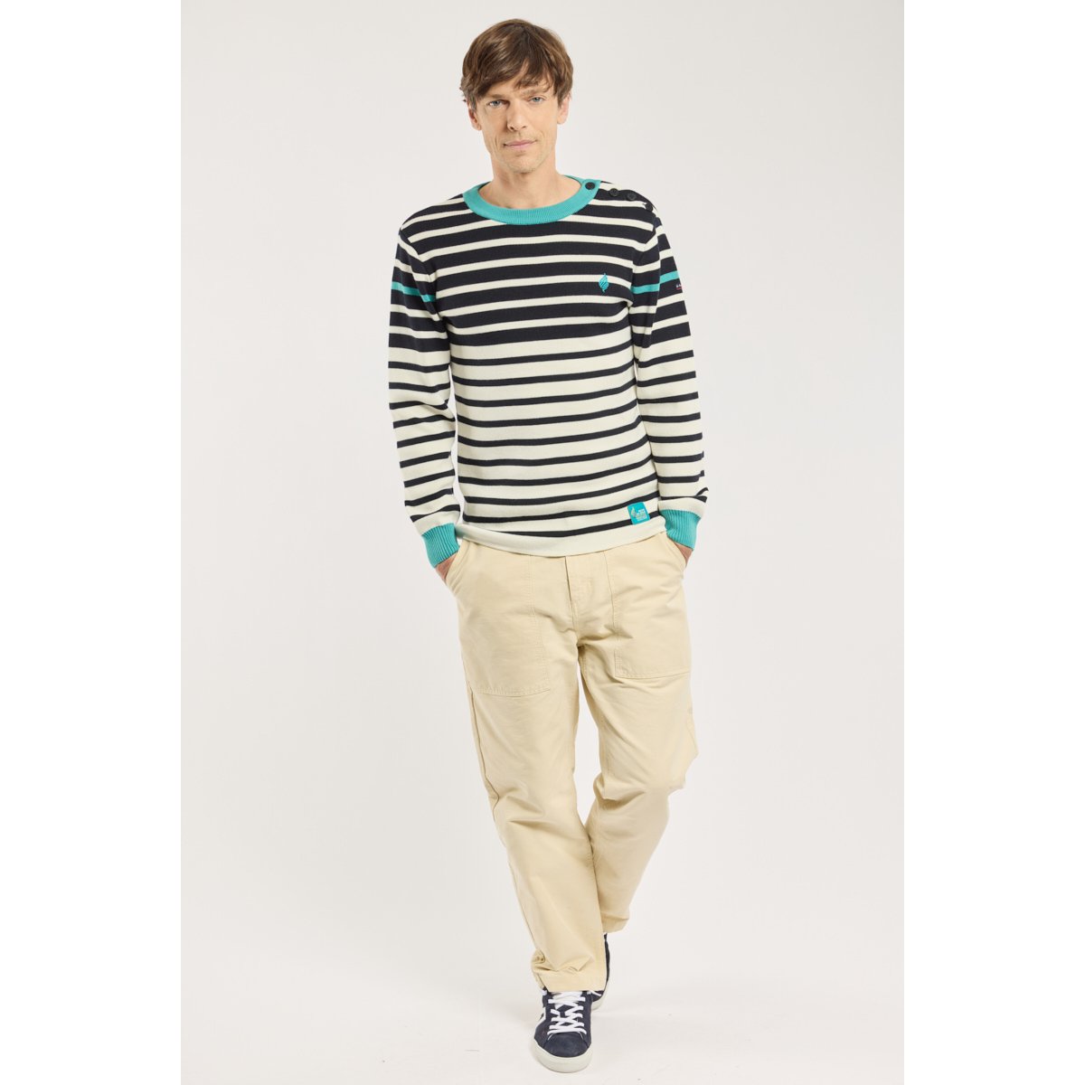 Pull marin - laine et acrylique blanc/ marine deep/ pool b, ARMOR-LUX