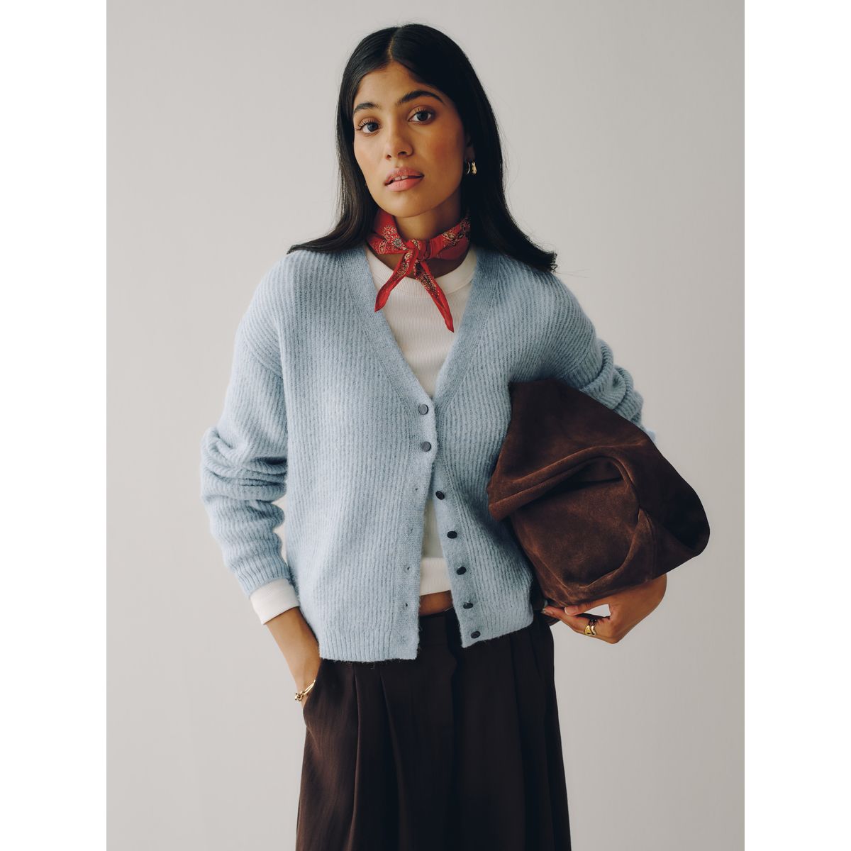 Cardigan côtelé en laine à col v, lot de 2 bleu clair/brun chocolat, NEXT