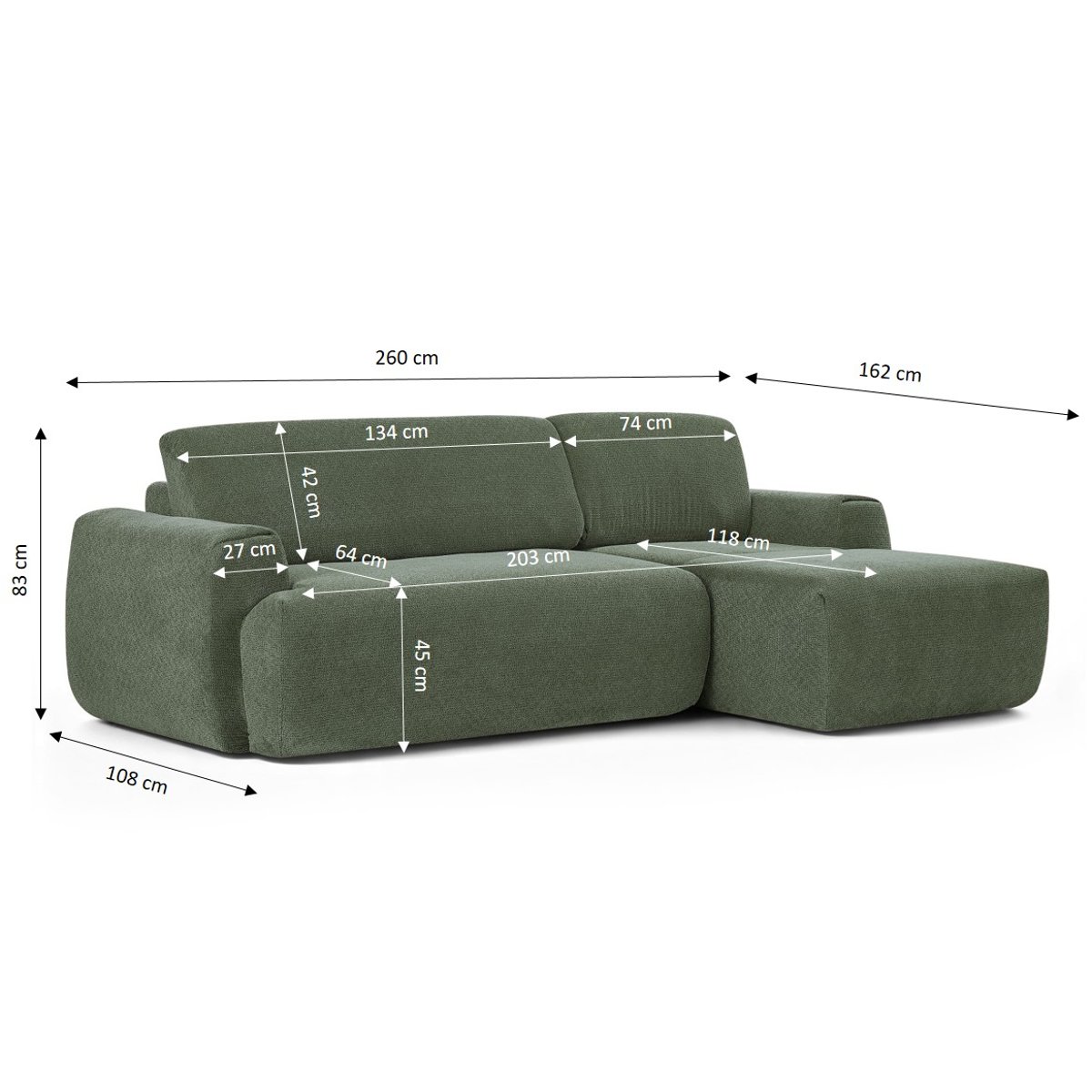 Canapé d'angle compressé 4 places tissu WESTA vert, BAÏTA