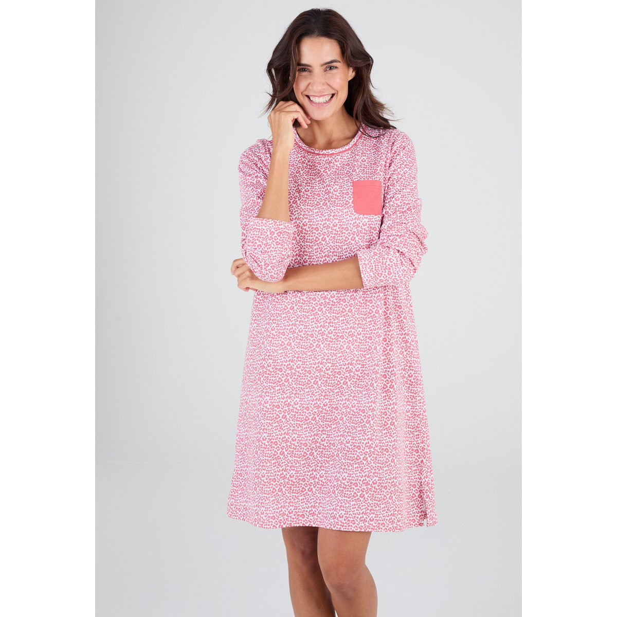 Chemise de nuit en pur coton rose animalier, DAMART