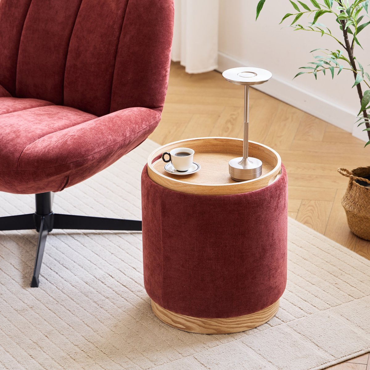 Pouf avec rangement, tissu et bois, KEMI terracotta, NORDLYS