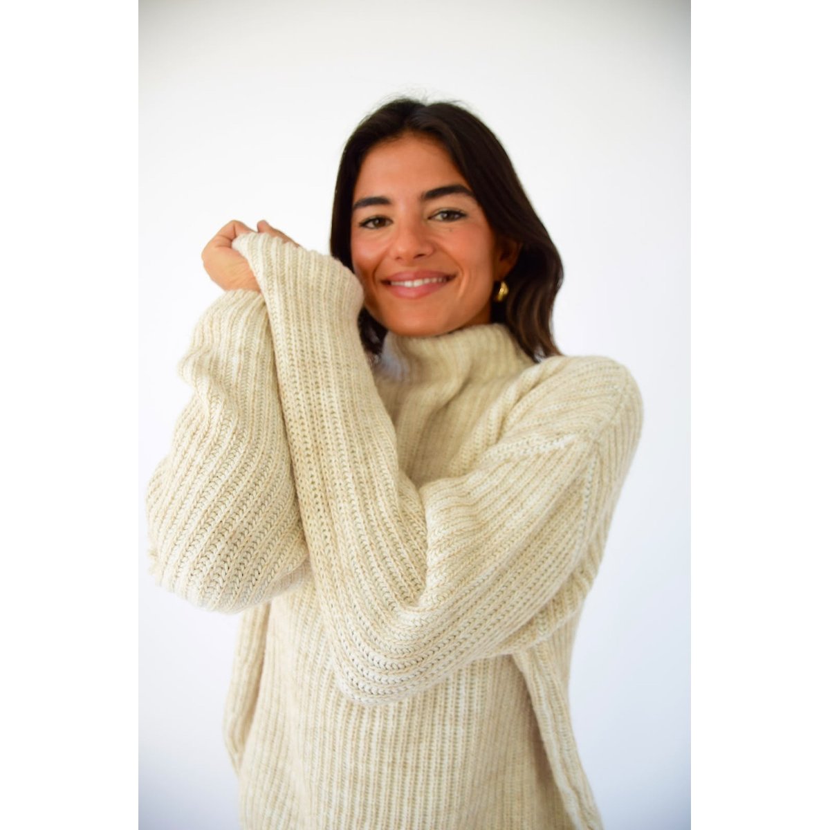 Pull col montant maille côtelée RITA beige, MINDTRAVELER