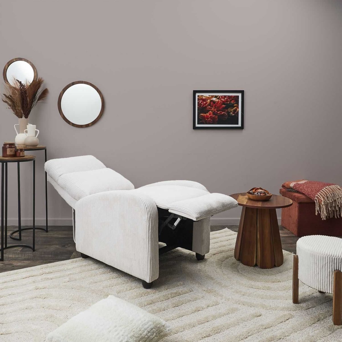 Fauteuil relax 3 positions en velours côtelé SCOTT beige, THE HOME DECO FACTORY