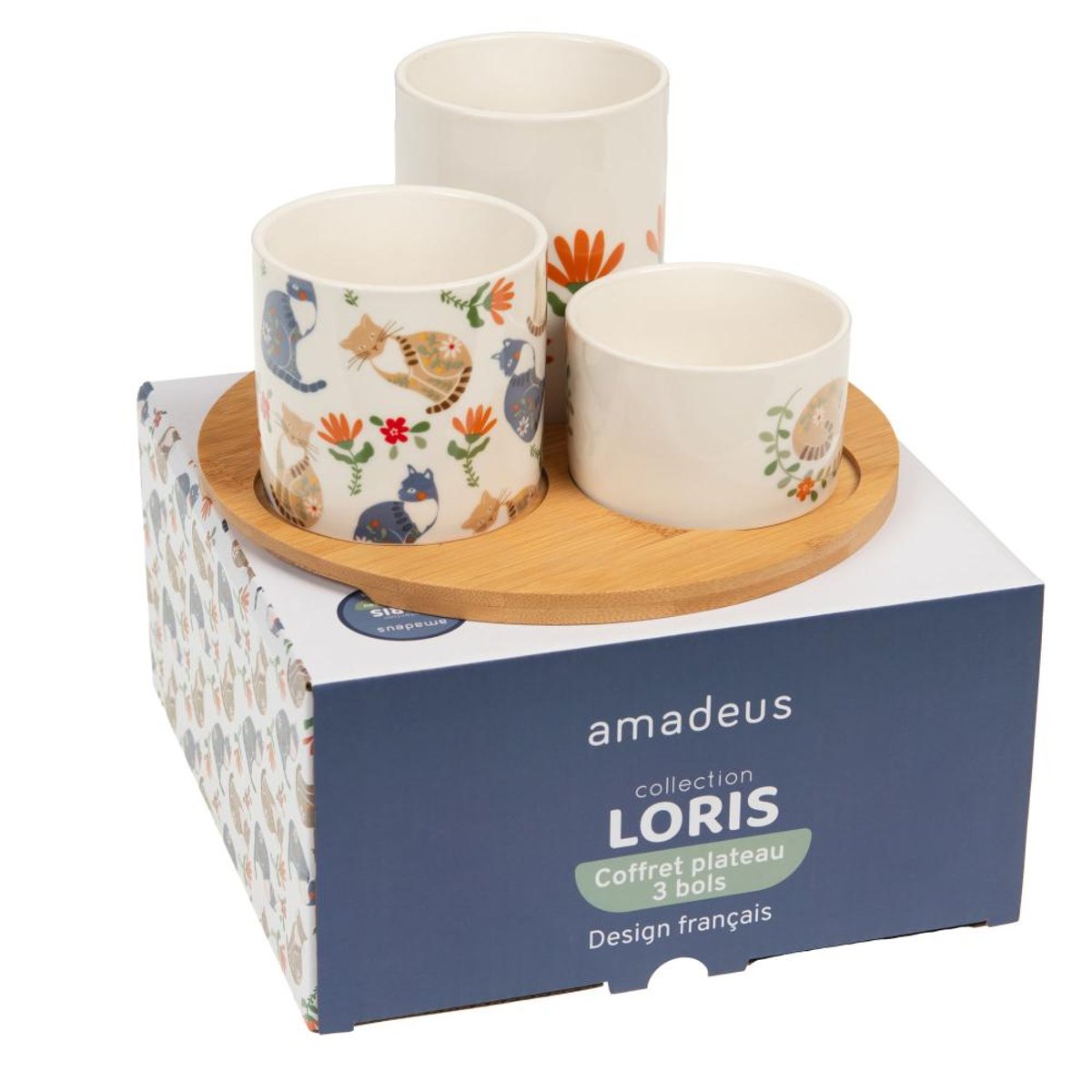 Plat rond et ses 3 bols Loris blanc, AMADEUS