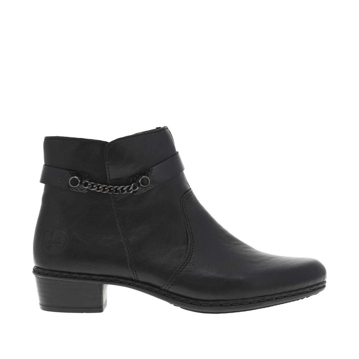 Boots noires à talon décroché bas avec lanière décorative et fermeture zippée noires, RIEKER