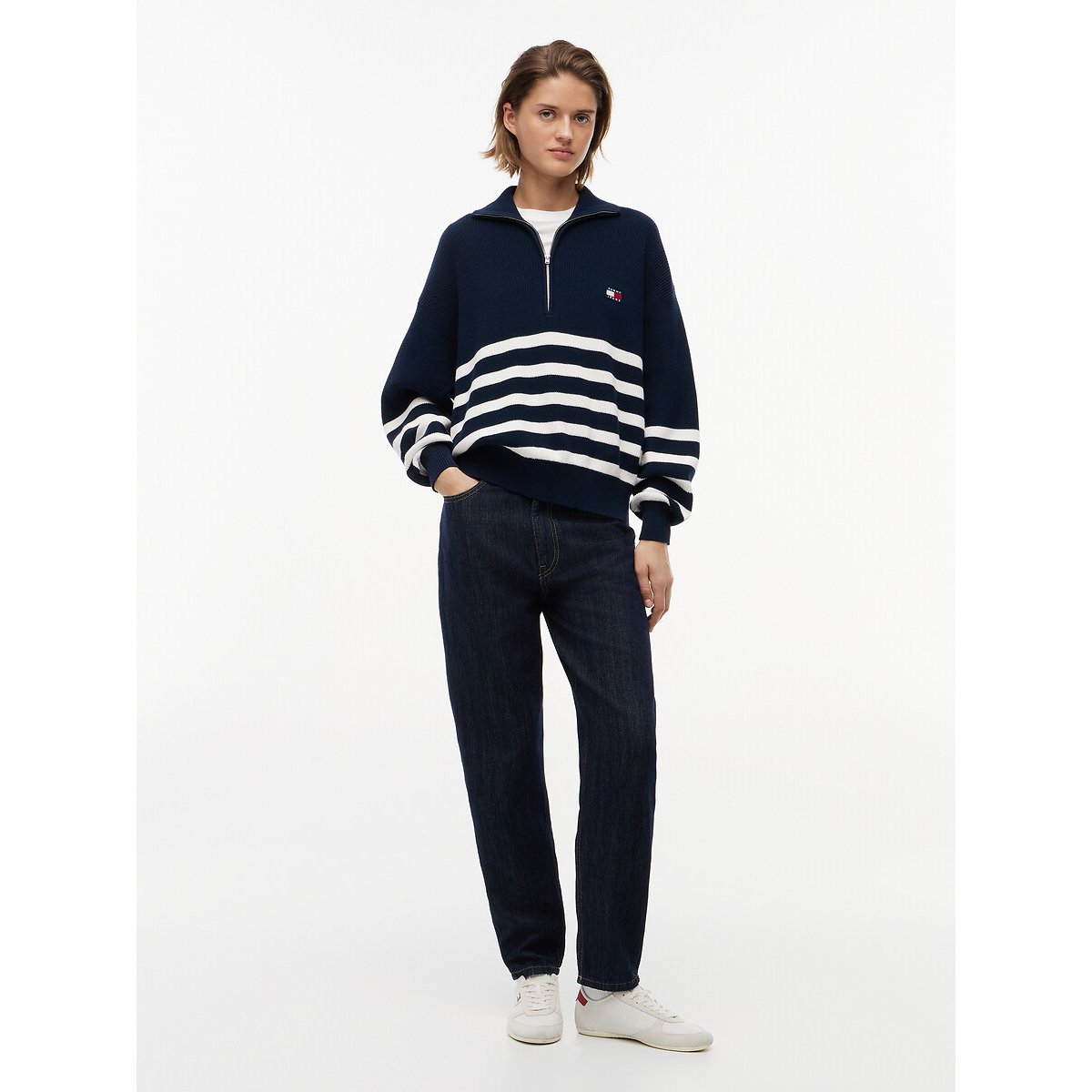 Striped Zip-Up Collar Jumper navy/ecru, TOMMY JEANS