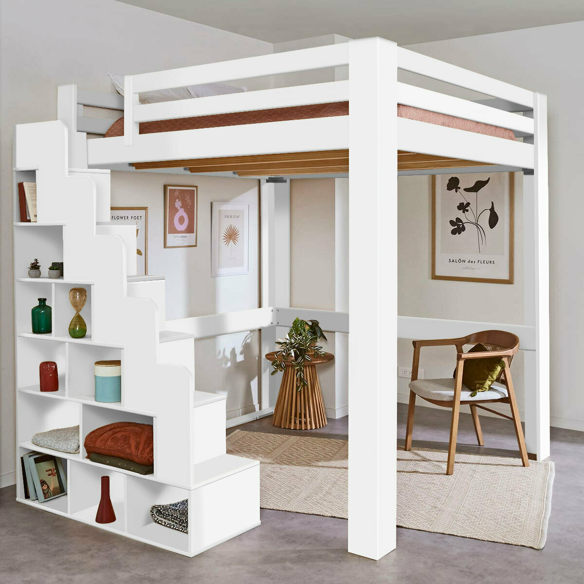 Lit mezzanine avec escalier SURI blanc, AKITEN RETAIL