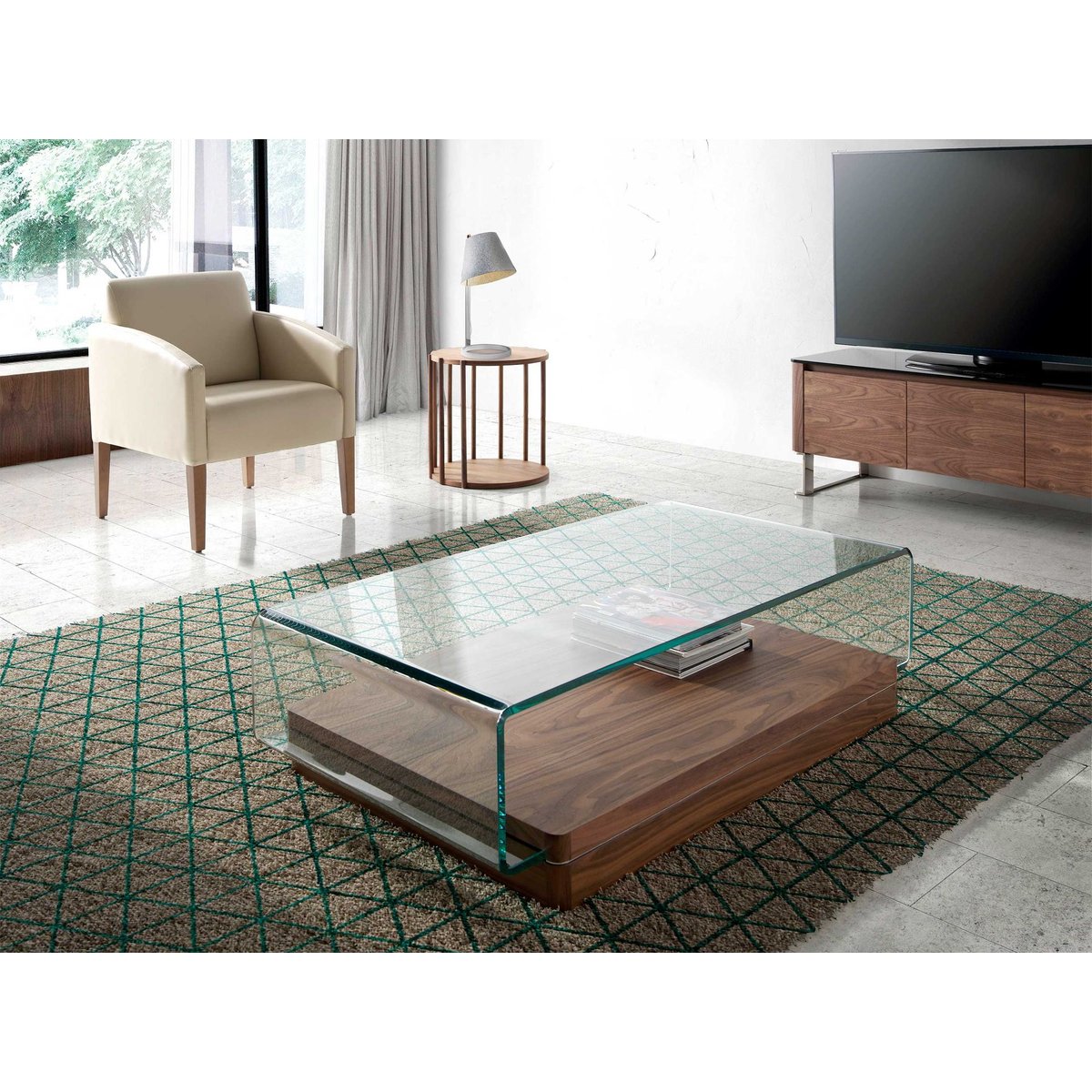 Table basse rectangulaire en verre trempé et noyer verre | noyer, ANGEL CERDA