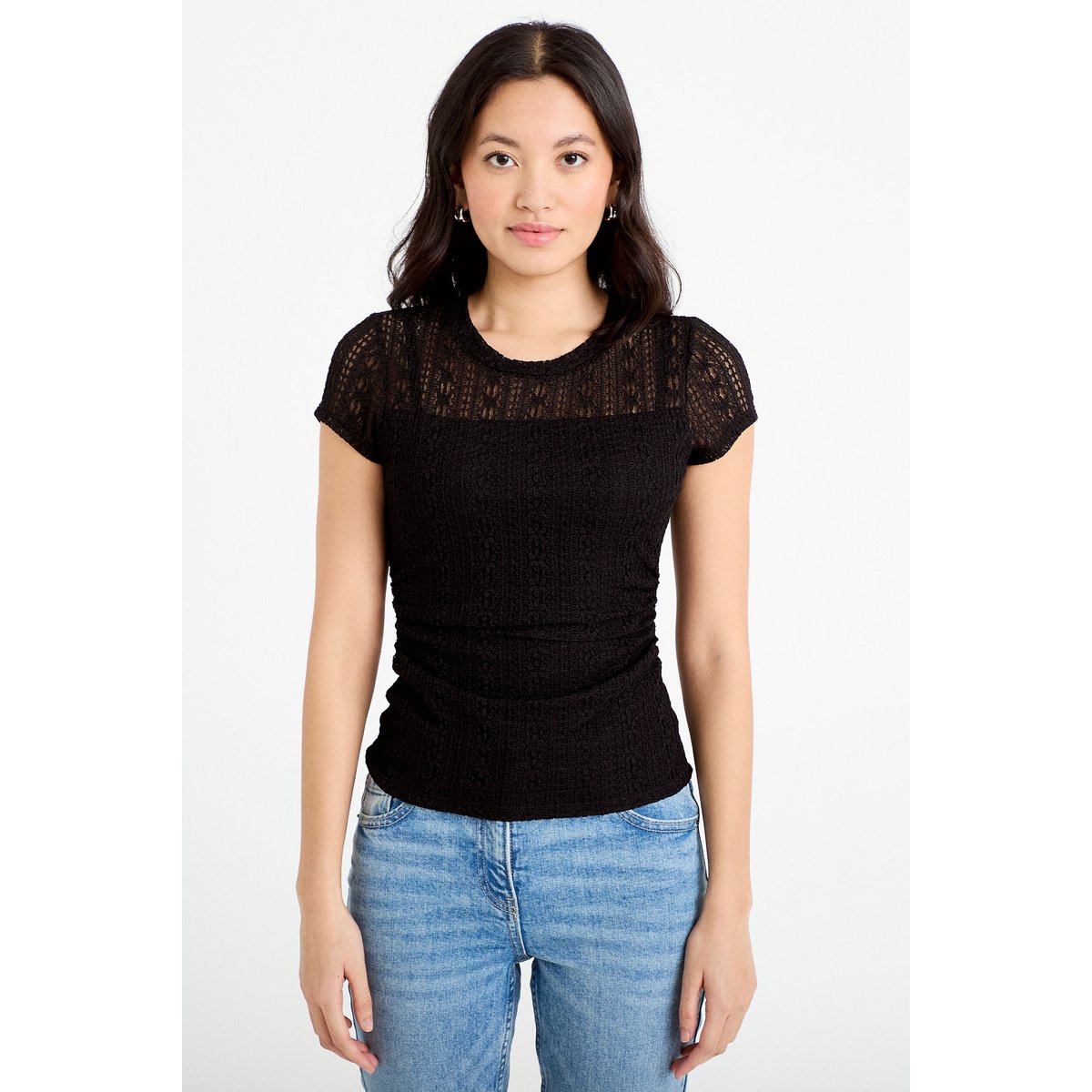 Top en dentelle col rond manches courtes noir, CACHE CACHE