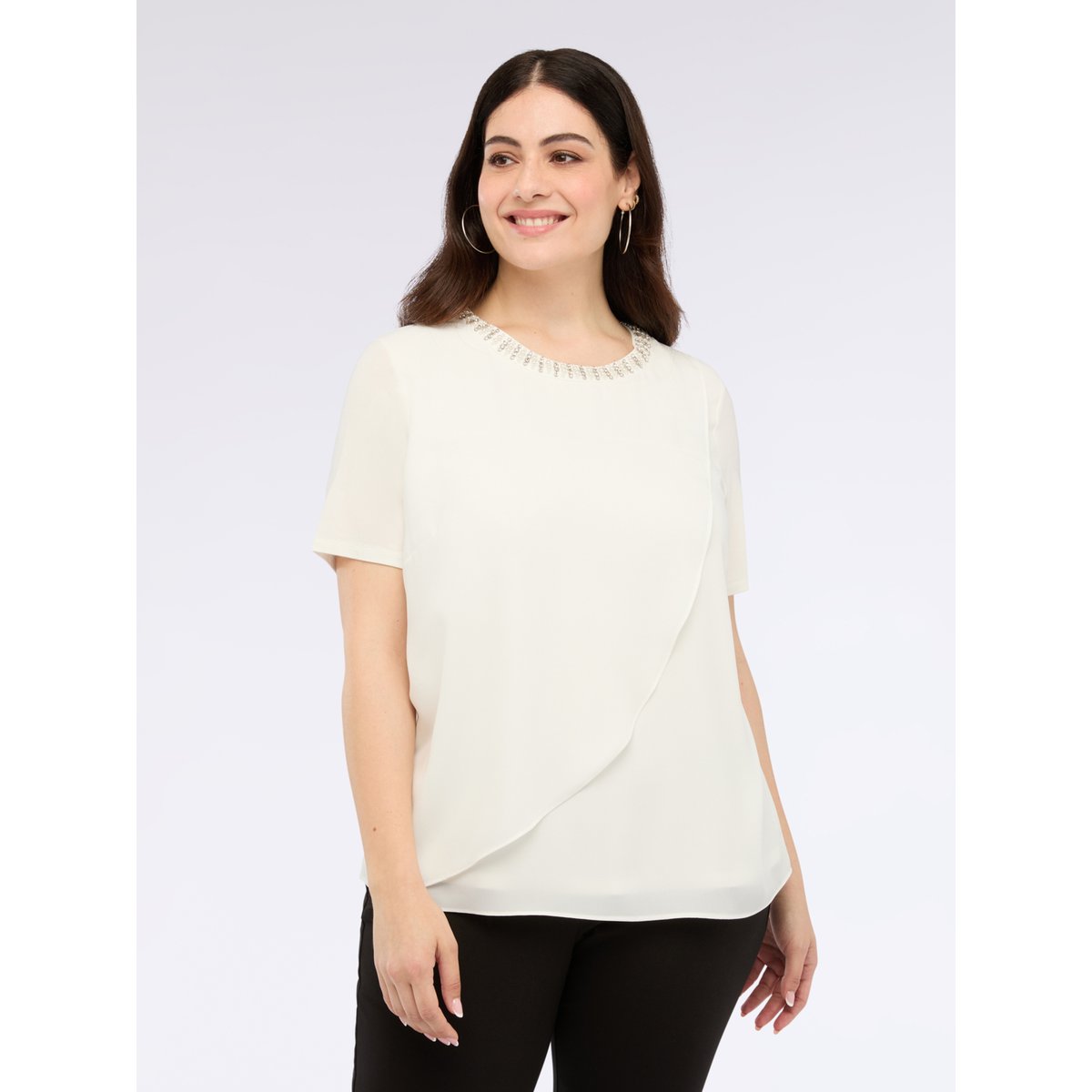 T-shirt bimatière avec applications bijoux blanc, FIORELLA RUBINO