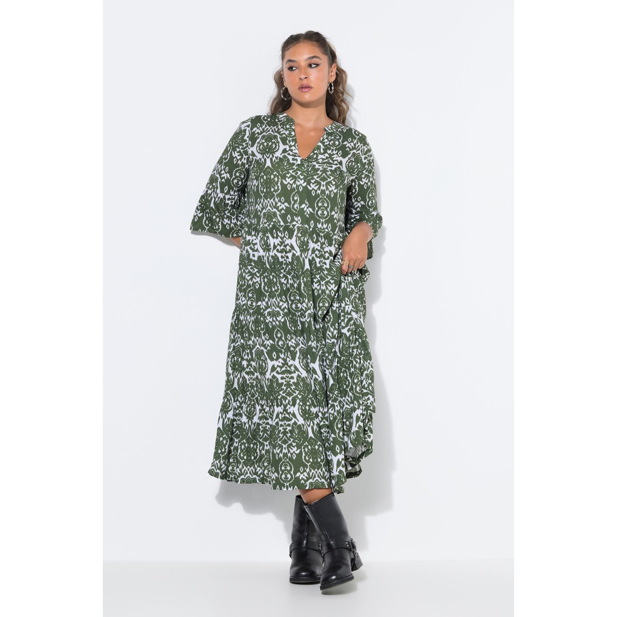Robe maxi coupe trapèze à volants olive clair, STUDIO UNTOLD