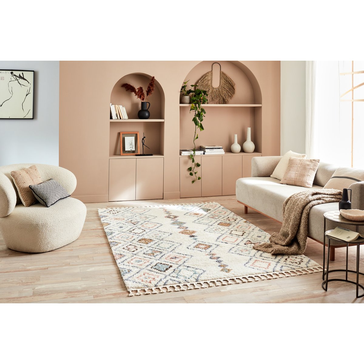 Tapis de salon symétrique imitation laine à franges DELYA crème, NAZAR RUGS