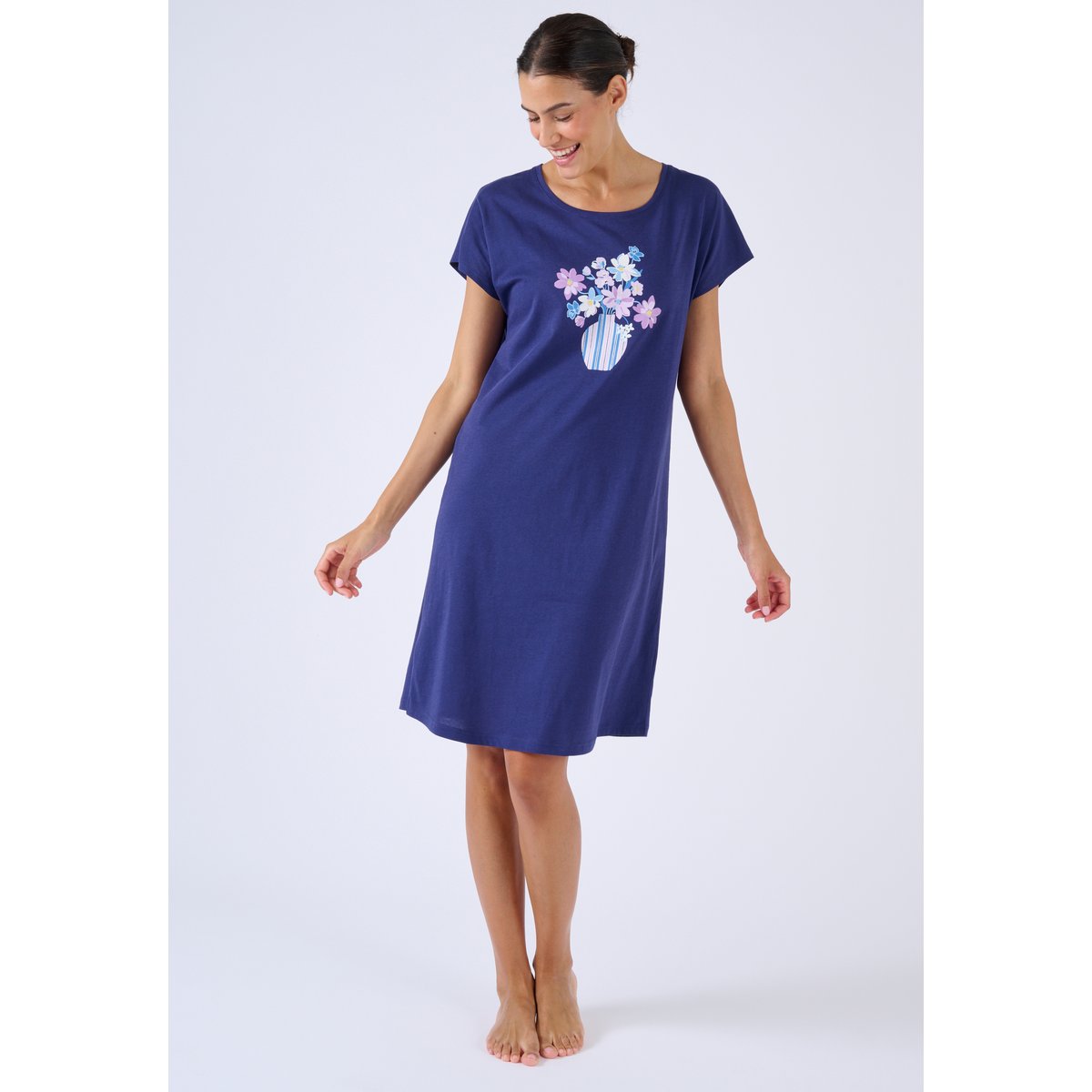 Chemise de nuit en pur coton bleu nuit, DAMART