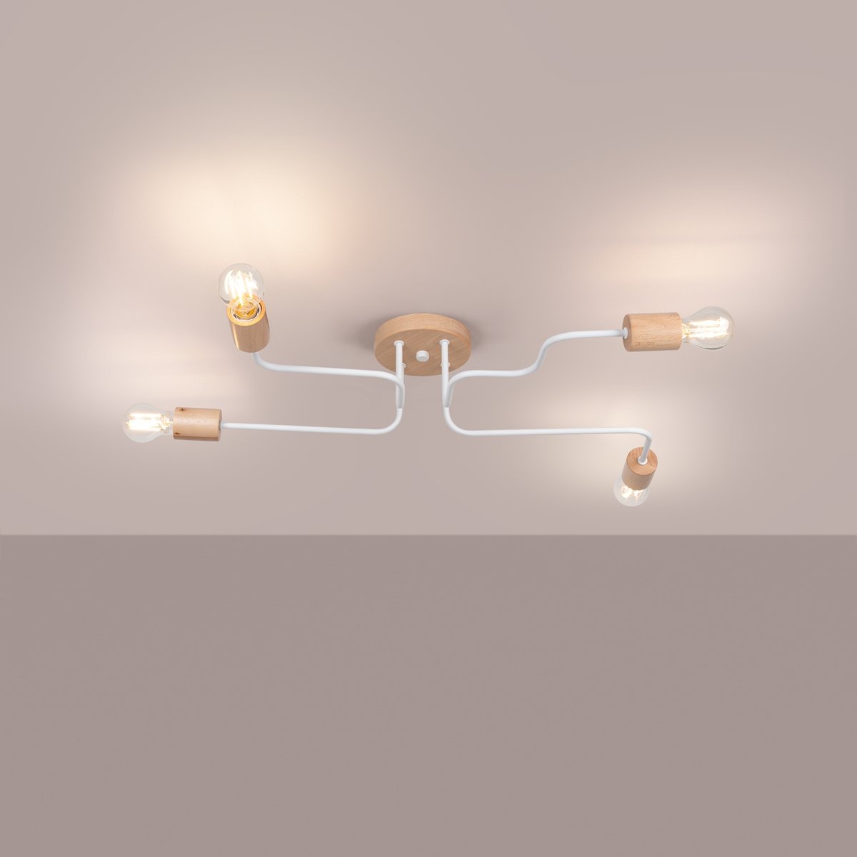 Lustre Acier Blanc/Bois Naturel E27 4 Timbo blanc, EDEN