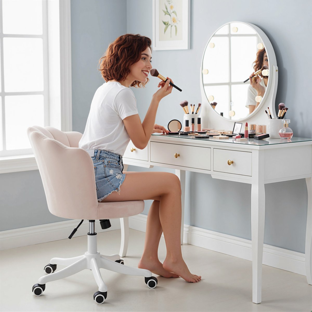 Chaise de bureau Velours (100% polyester) rose et blanc, HOMCOM