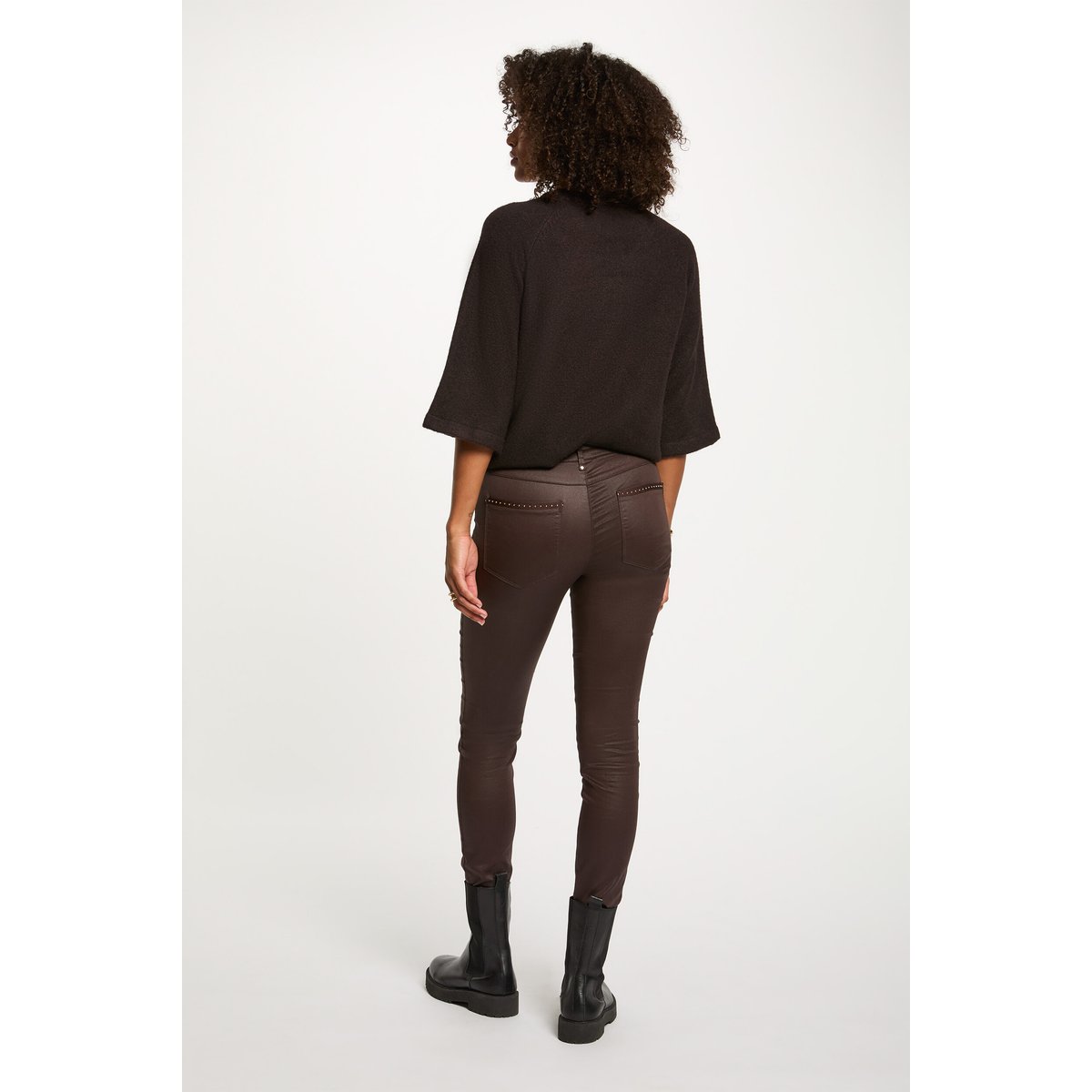 Pantalon slim enduit marron foncé, MORGAN