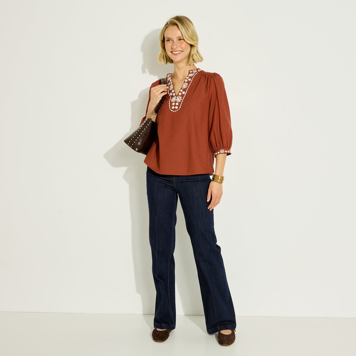 Blouse à broderies florales orange terracota, GRAIN DE MALICE