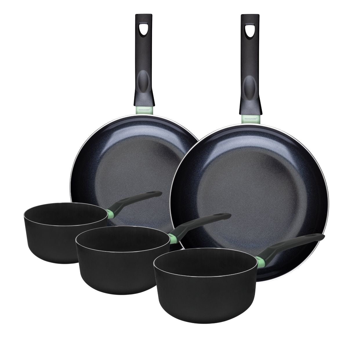 Batterie 2 poêles 28/30cm + 3 casseroles 16/18/20cm BRANDAO noir|vert, FACKELMANN