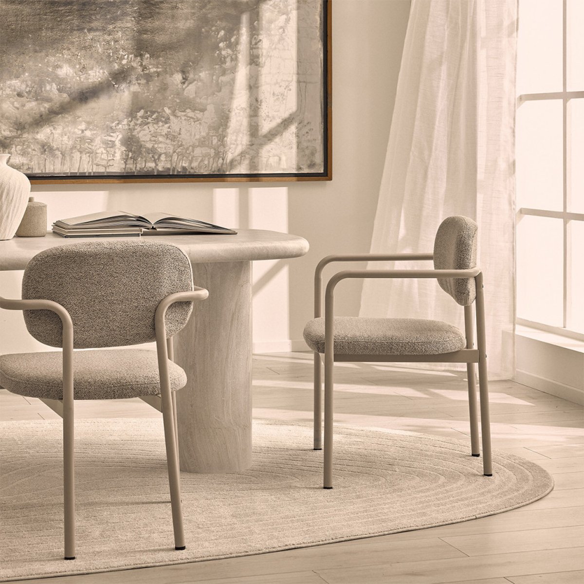 Lot de 2 fauteuils de table en tissu bouclette pieds beiges- STUART beige, DRAWER