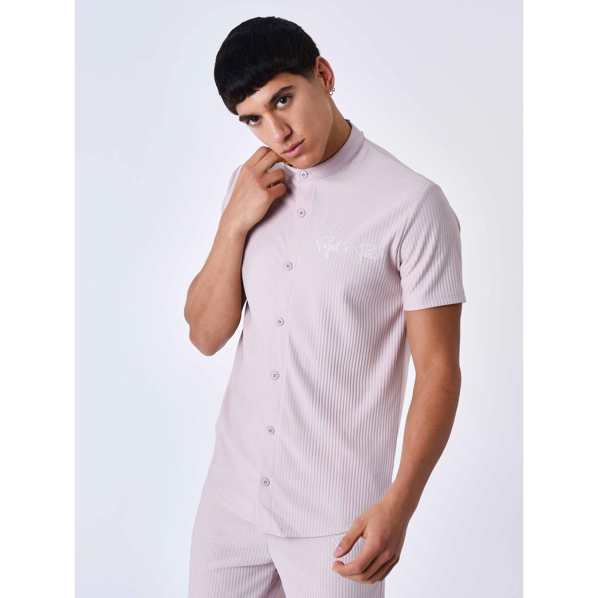 Chemise à manches courtes uni texturée rose pastel, PROJECT X